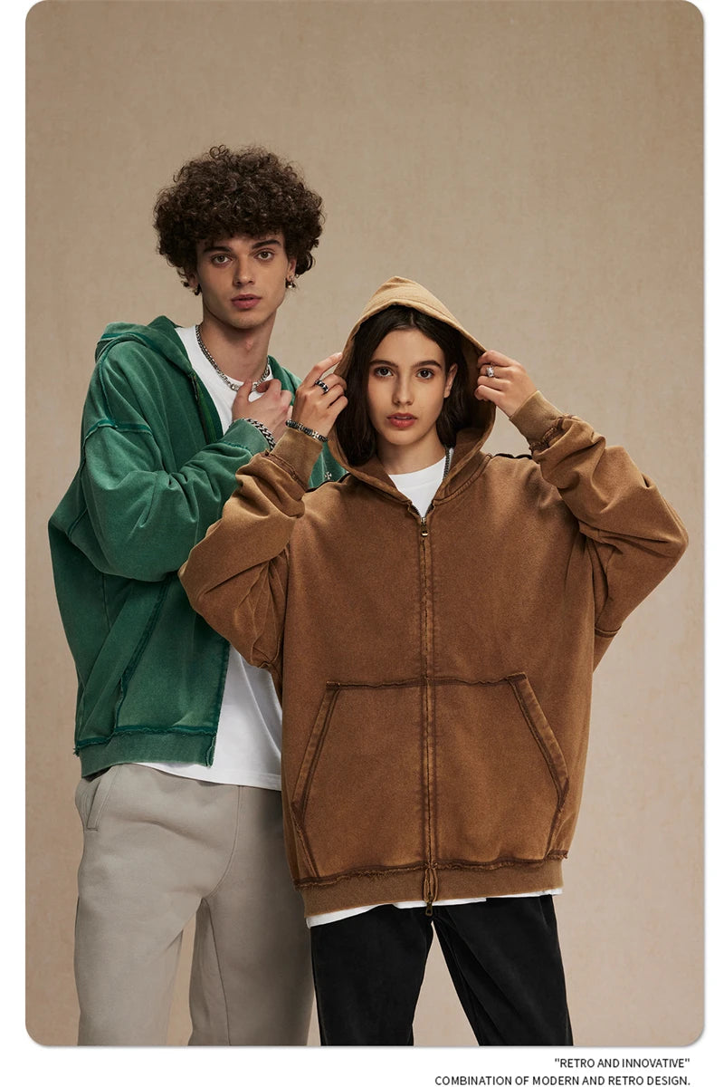 Distressed Washed Batik Retro Zipper Hoodies
