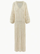 See-through V Neck Lantern Sleeve Side Split Beach Maxi Dresses