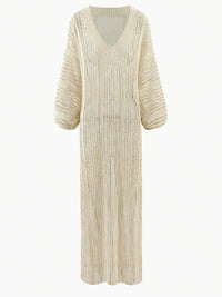 See-through V Neck Lantern Sleeve Side Split Beach Maxi Dresses