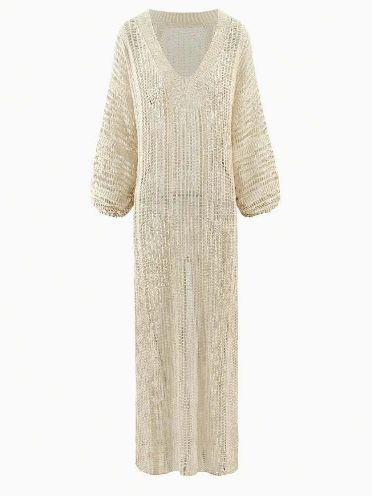 See-through V Neck Lantern Sleeve Side Split Beach Maxi Dresses