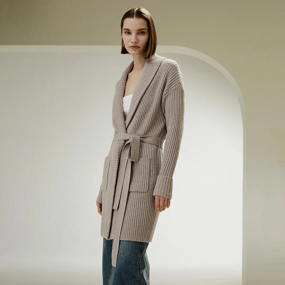 Shawl Collar Belted Merino Wool Cardigan
