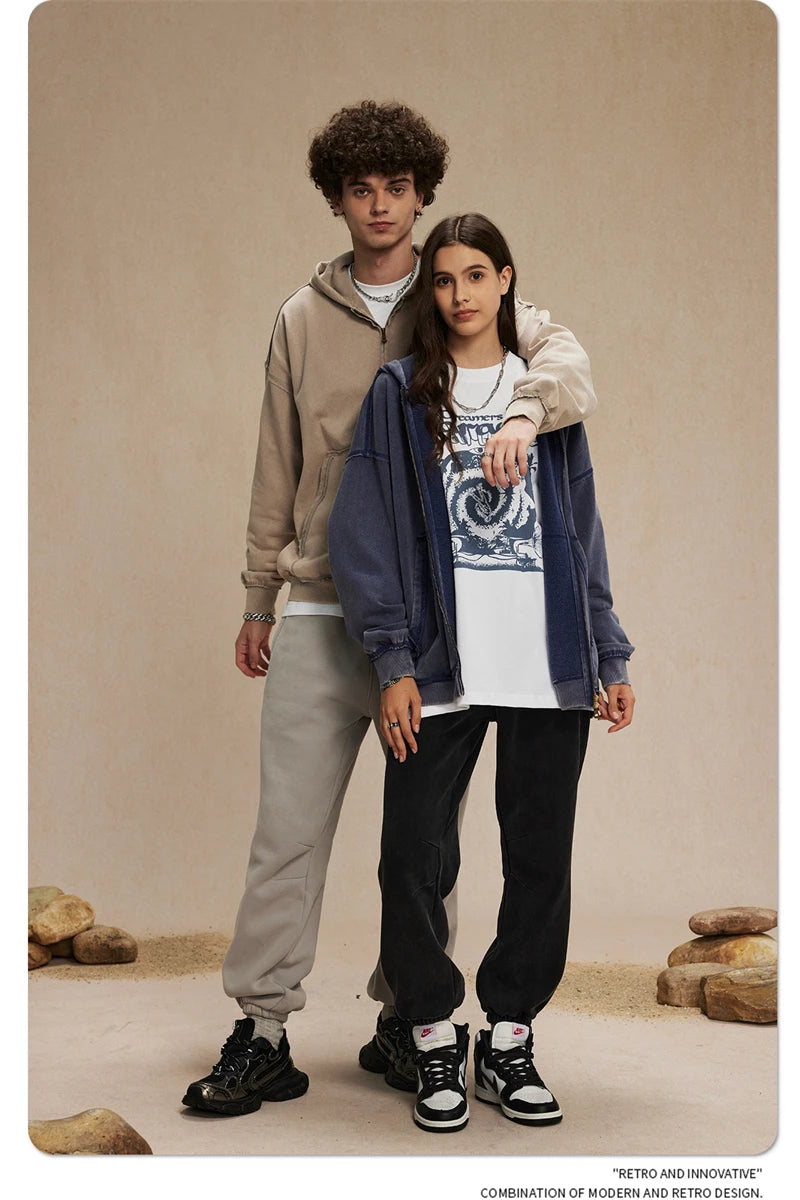 Distressed Washed Batik Retro Zipper Hoodies