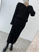 Ribbed Knited Round-Neck Sweater & Midi Skirt Set