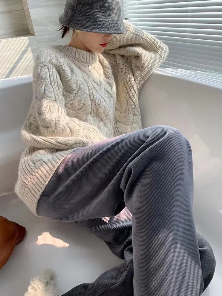 Twisted Woolen Knit Round Neck Sweater