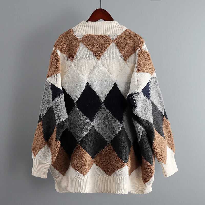 Fleece Patchwork Vintage V-Neck Short Cardigan