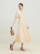 Solid Pleated Polo Neck Puff Sleeve Dress