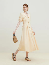 Solid Pleated Polo Neck Puff Sleeve Dress