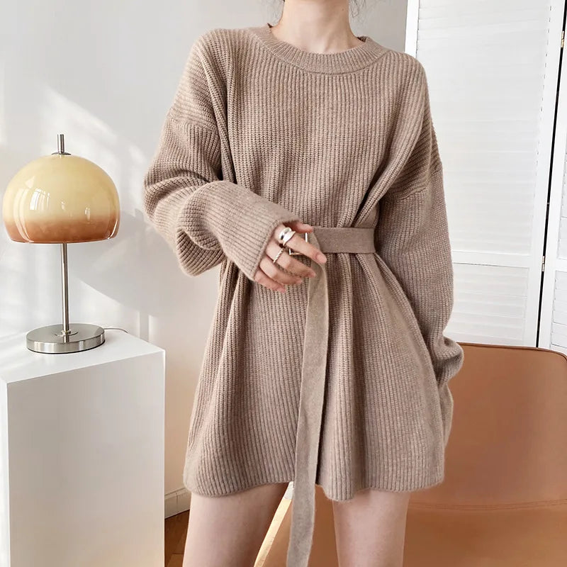 Vintage Round-neck Belted Knitted Dress