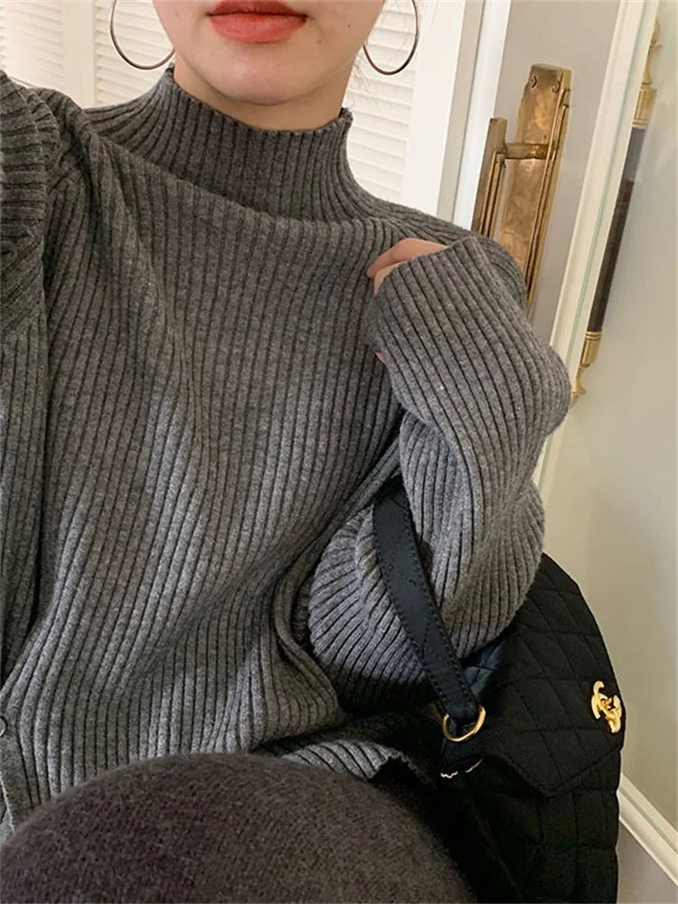 Mock Neck Ribbed Split Pullover