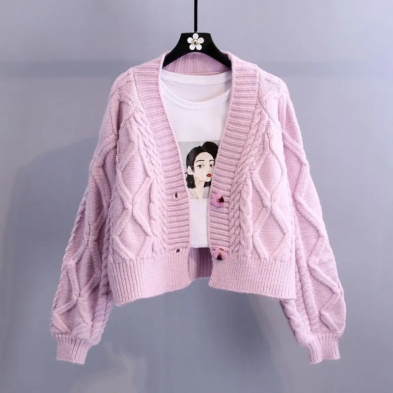 Twist Short V-Neck Single-breasted Knitted Cardigan