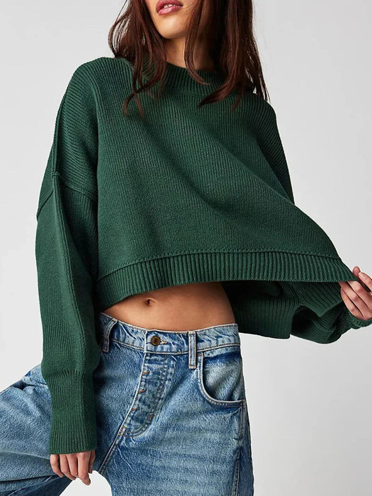 Drop Shoulder Round Neck Cropped Pullover