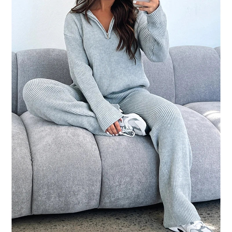 Zipper Long Sleeve Sweaters Straight Pants Knitted Suit