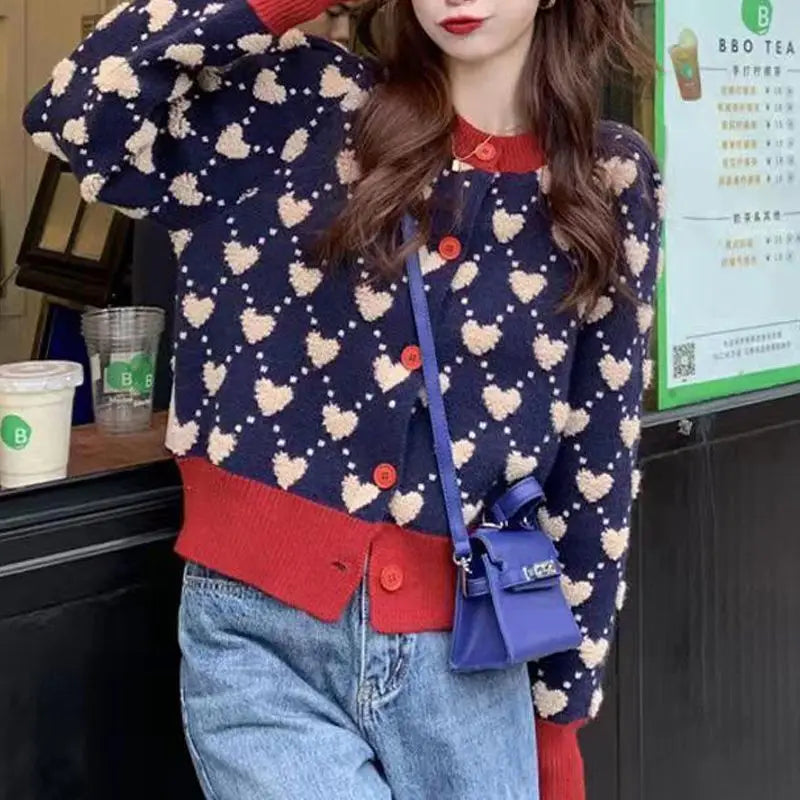 Ugly Sweater Heart Detail Knitted Short Cardigan