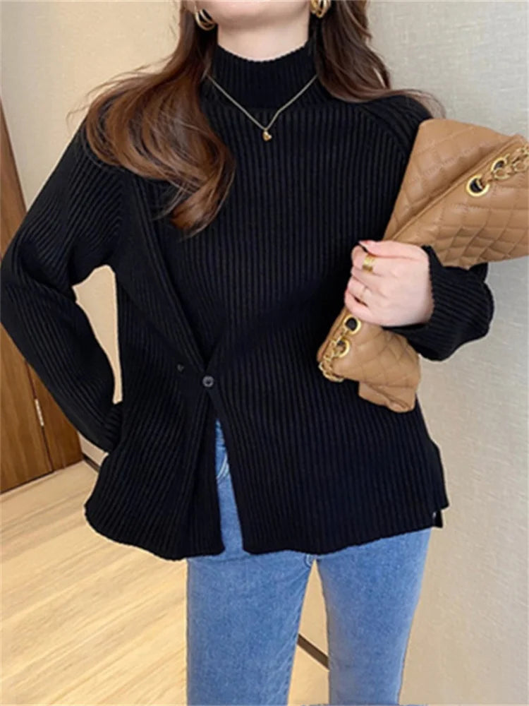 Mock Neck Ribbed Split Pullover