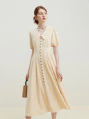 Solid Pleated Polo Neck Puff Sleeve Dress