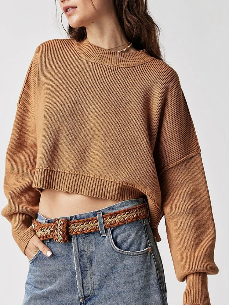 Drop Shoulder Round Neck Cropped Pullover