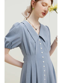 Solid Pleated Polo Neck Puff Sleeve Dress