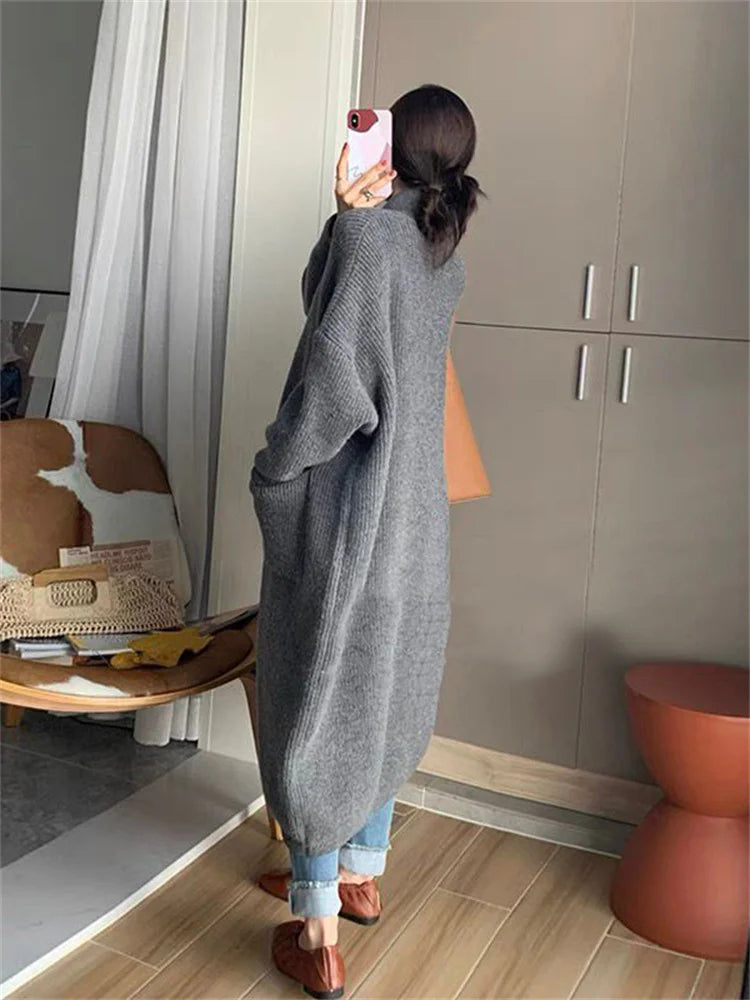 Oversized High-Neck Long Cardigan With Pocket