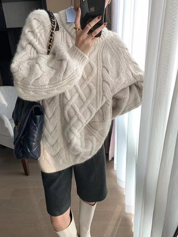 Twisted Woolen Knit Round Neck Sweater