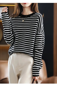Oversized Round-Neck Striped Wool Sweater Pullover