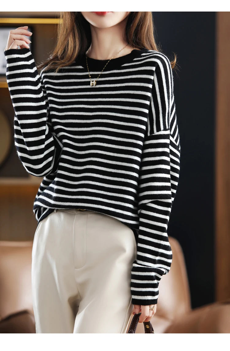 Oversized Round-Neck Striped Wool Sweater Pullover