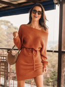 One-Shoulder Drawstring Mini Sweater Dress