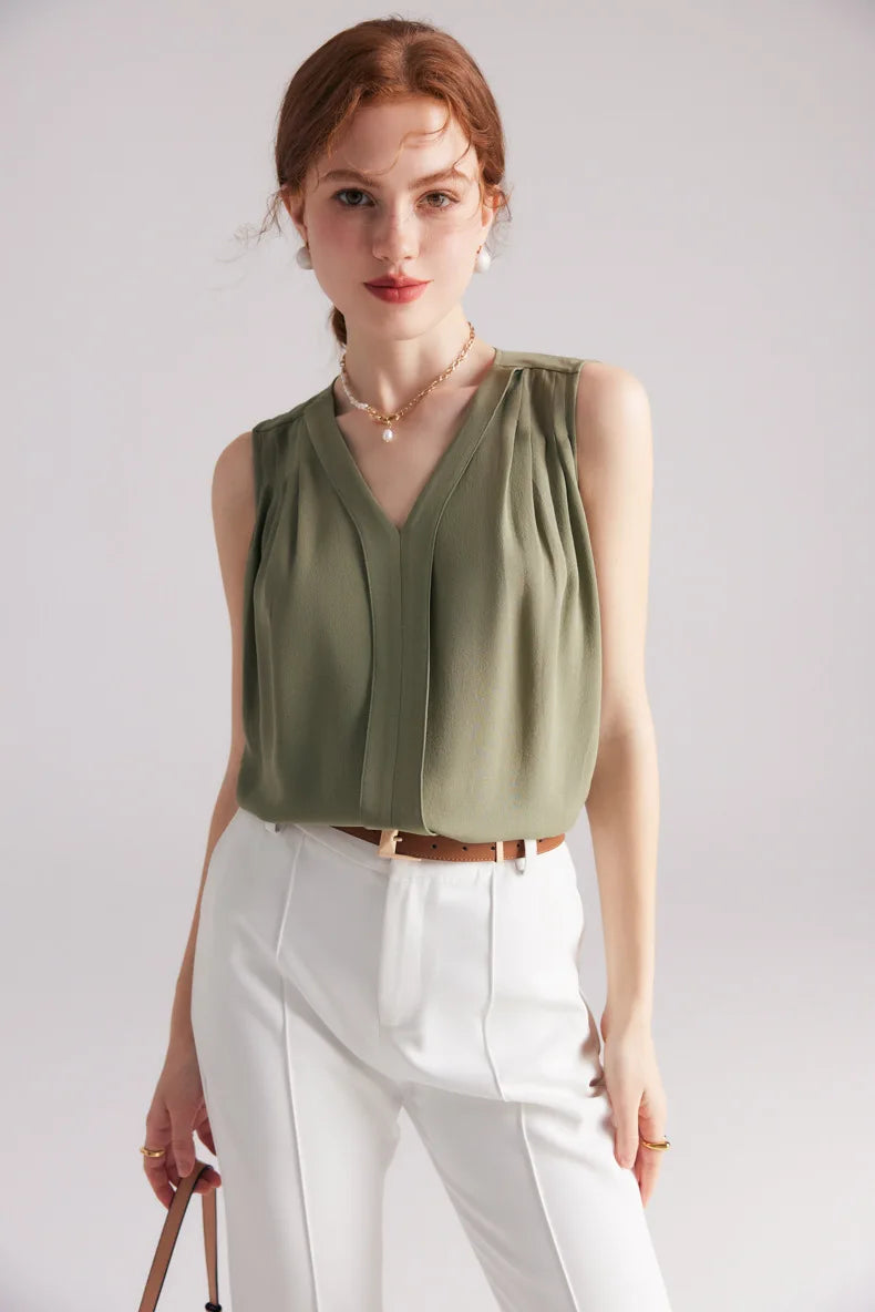 V-neck Solid Color Commuter Mulberry Silk Sleeveless Shirt