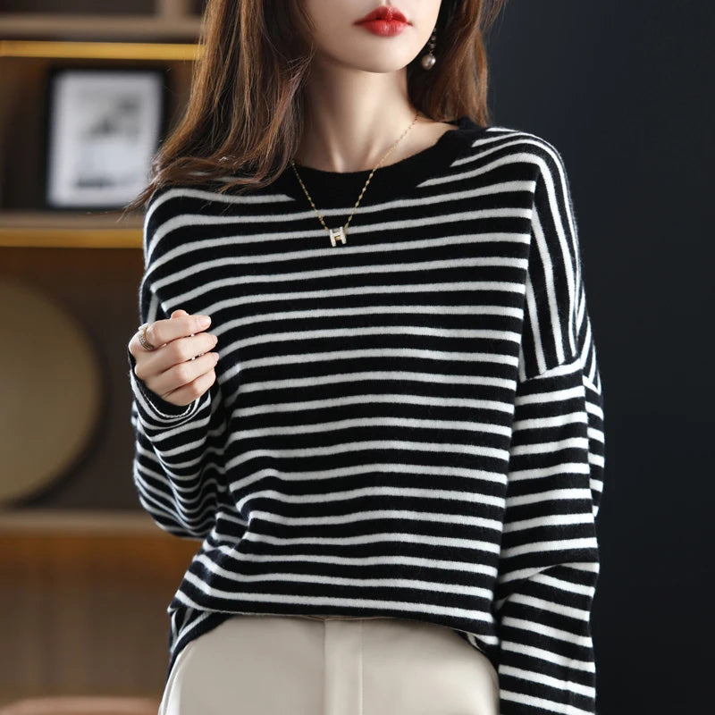 Oversized Round-Neck Striped Wool Sweater Pullover