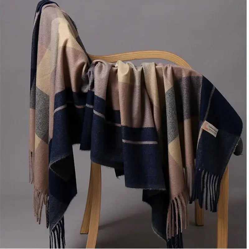 Big Plaid Wool Blended Scarf With Fringed