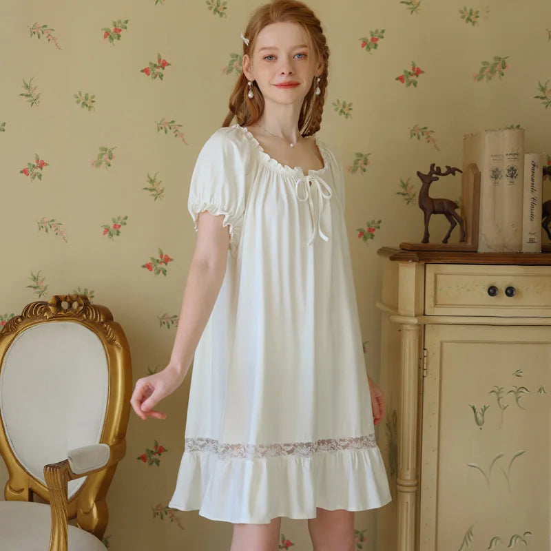 Cotton Short Sleeves Lace Nightdress