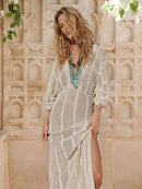 See-through V Neck Lantern Sleeve Side Split Beach Maxi Dresses