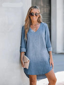 Denim V-Neck Long Sleeve Shift Mini Dress