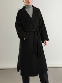 Notch Lapel Belted 100% Wool Long Coat