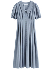 Solid Pleated Polo Neck Puff Sleeve Dress