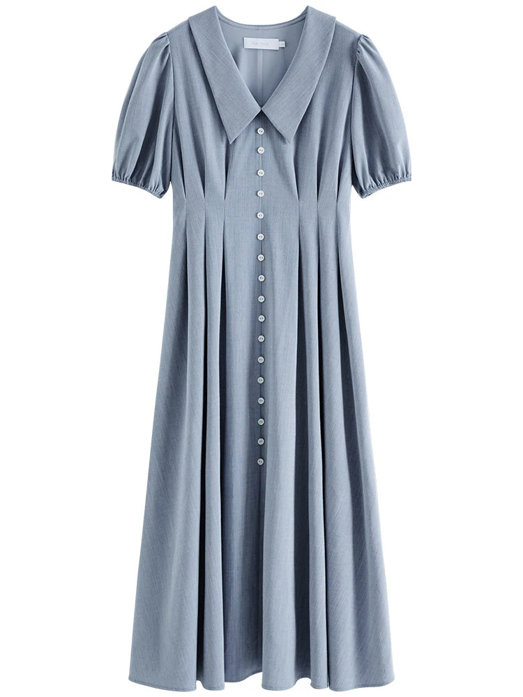 Solid Pleated Polo Neck Puff Sleeve Dress