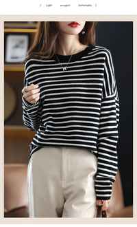 Oversized Round-Neck Striped Wool Sweater Pullover