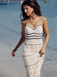 Striped Knit Cut Out Long Halter Beach Dress Swimsuit Cover Up