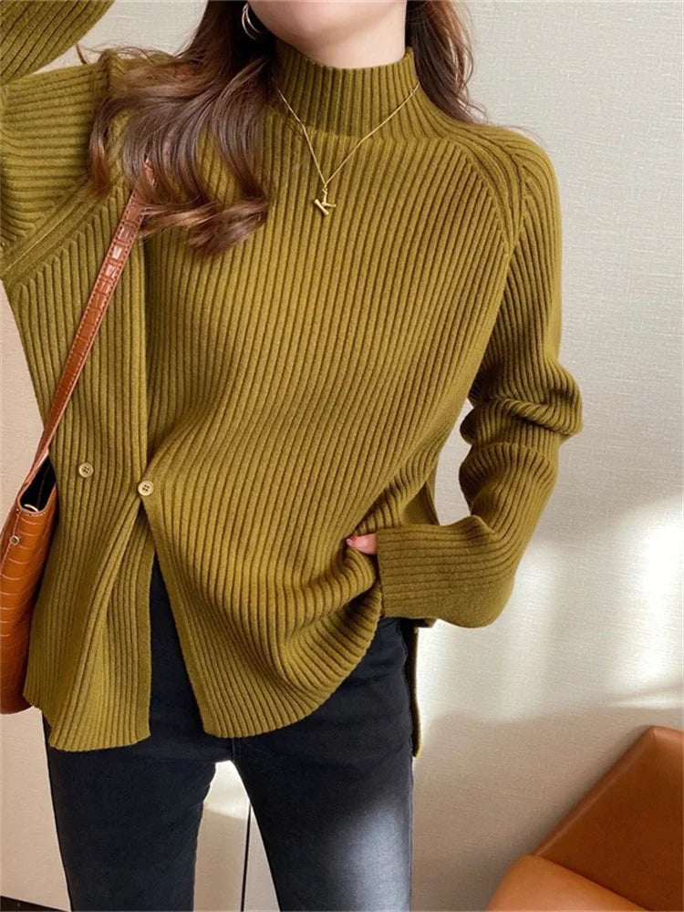 Mock Neck Ribbed Split Pullover