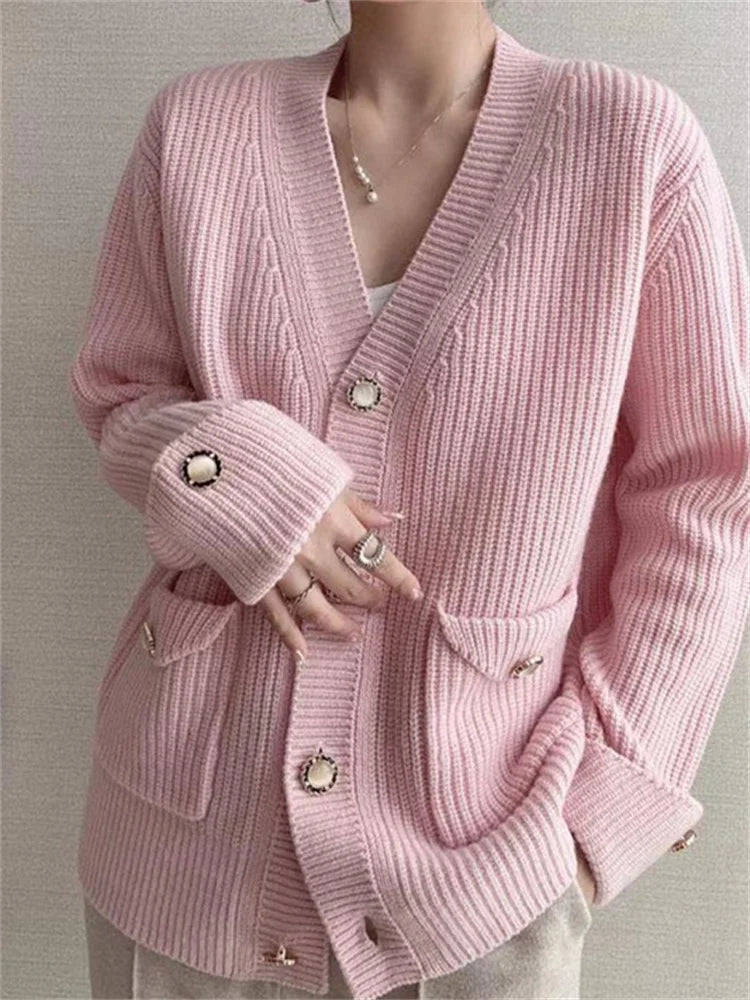 V-Neck Ribbed Knitted Cardigan