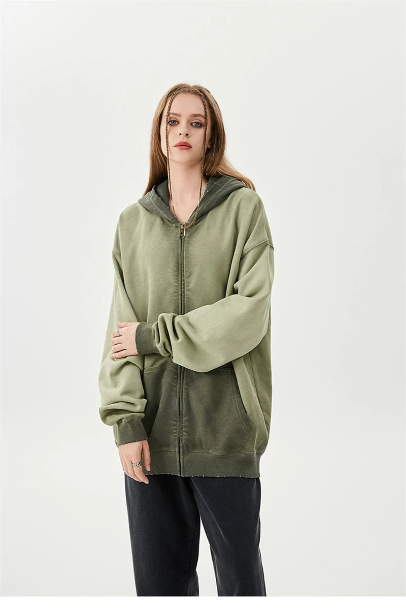 Oversized Cotton Zipper Washed Hoodies