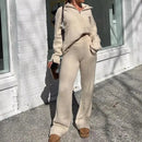 Zipper Long Sleeve Sweaters Straight Pants Knitted Suit
