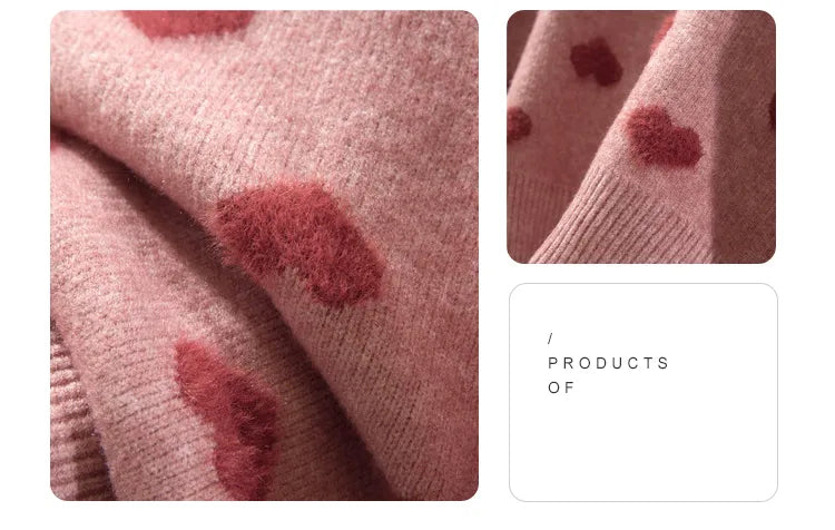 Pink Heart Winter Knitted Sweater
