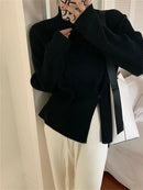 Mock Neck Ribbed Split Pullover