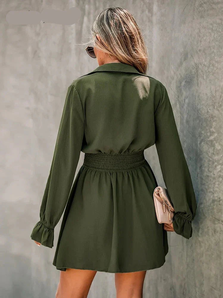 Button-Front Dress Long Trumpet Sleeve A-line Mini Dress