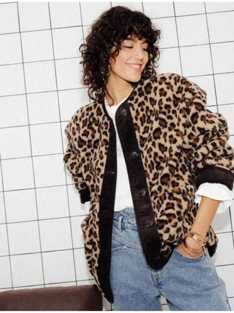 Vintage Leopard Print Fleece Jacket