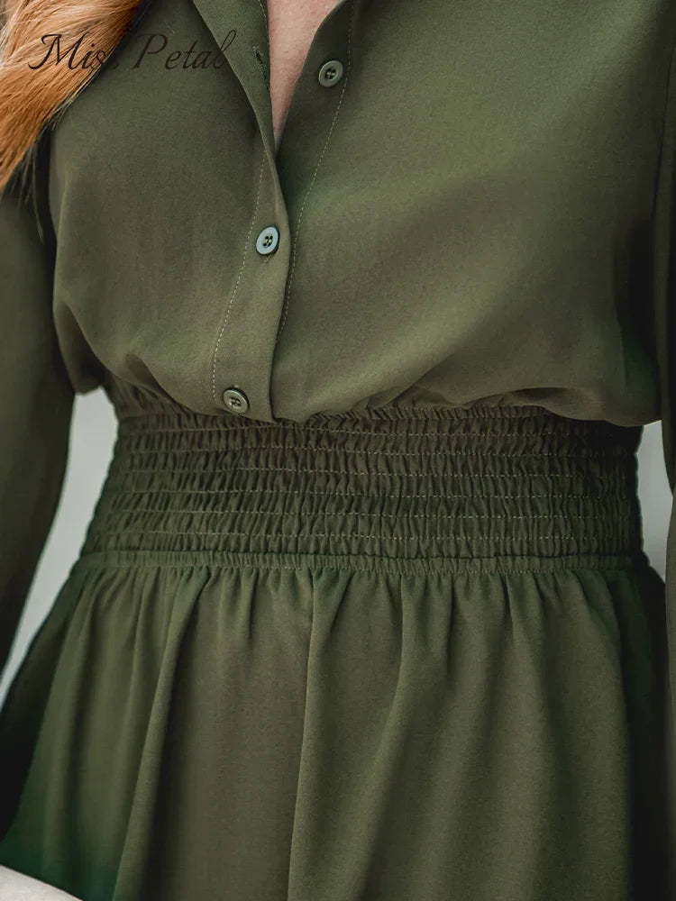 Button-Front Dress Long Trumpet Sleeve A-line Mini Dress