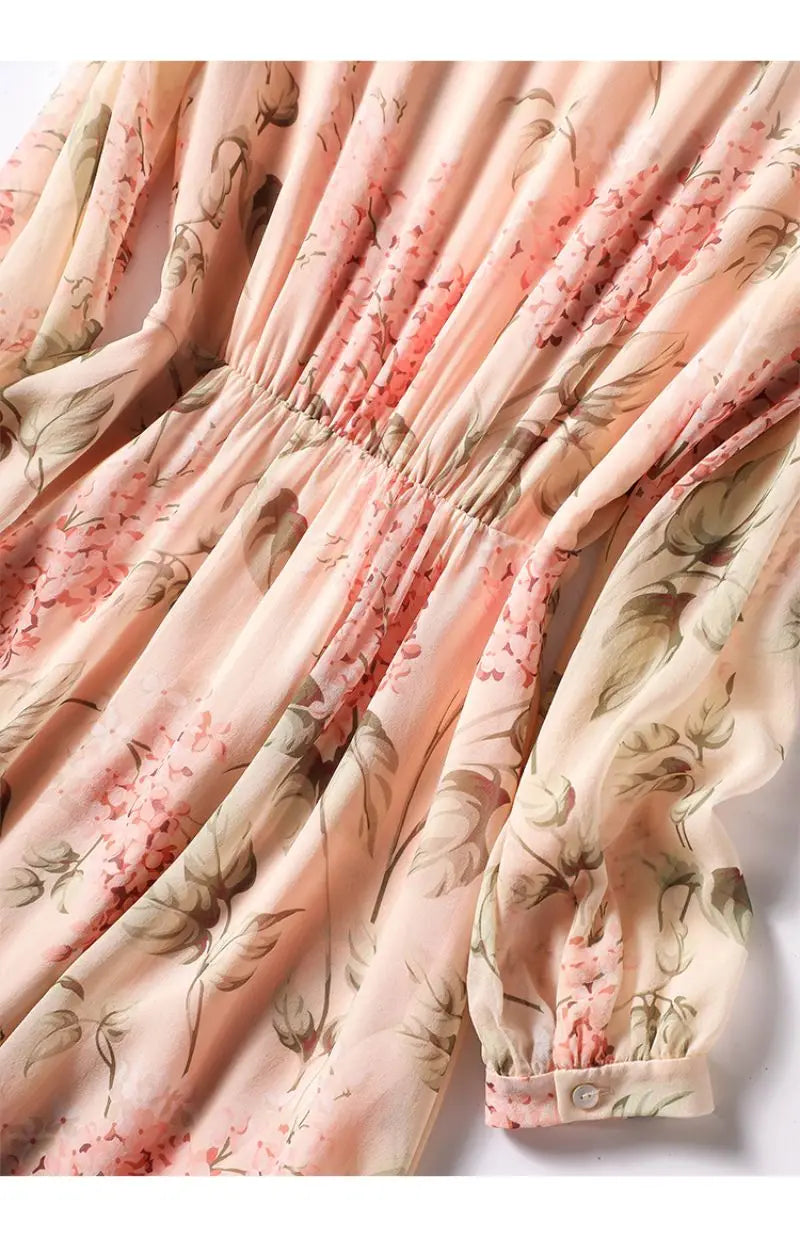 Floral Print Chiffon Bow Neck Long Sleeve Dress