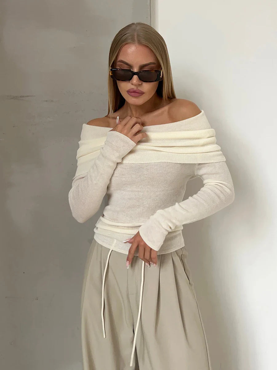 Off Shoulder Slim Fit Knitted Pullover