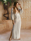 See-through V Neck Lantern Sleeve Side Split Beach Maxi Dresses