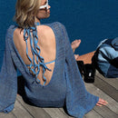 Knitted Bat Sleeves Backless Bikini Hollow Cover-Up